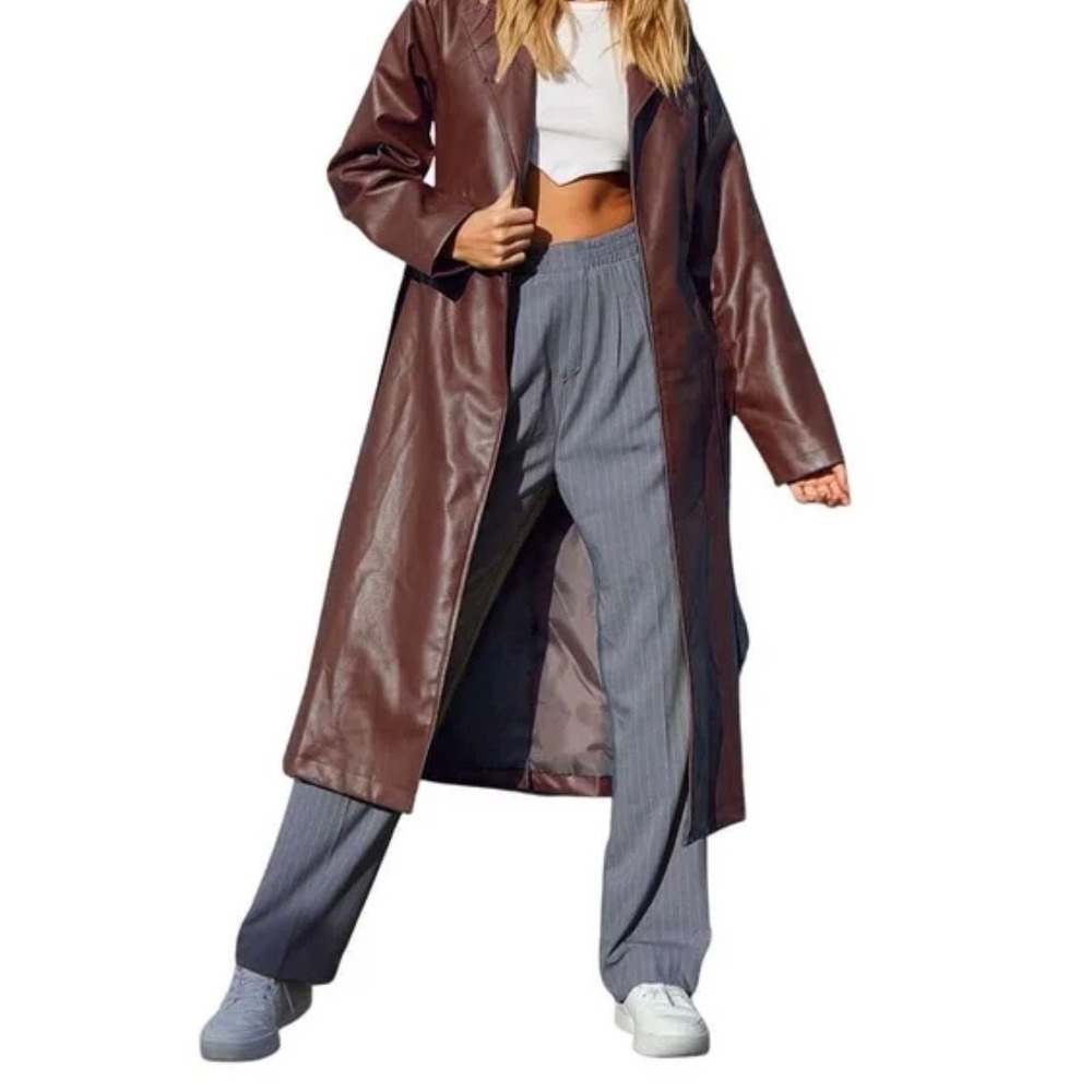 Chouyatou Womens Open Front Faux Leather Long Coat Brown  M Side Pockets READ
